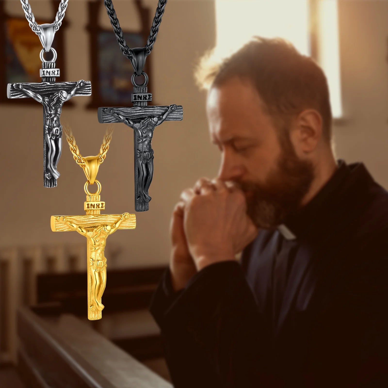 Men Cross Necklace Stainless Steel INRI Crucifix Pendant Necklace Jesus Piece Religious Praying Jewelry for Christian Dad Father'S Day Gift