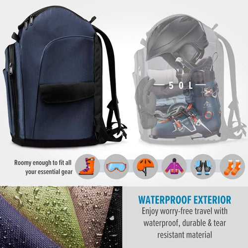 50L Ski Boot Bag, Ski and Snowboard Boots Travel Backpack with Separate Compartments for Helmet, Ski Shoes, Goggles, Gloves, and Accessories, Splash Proof Exterior & Bottom